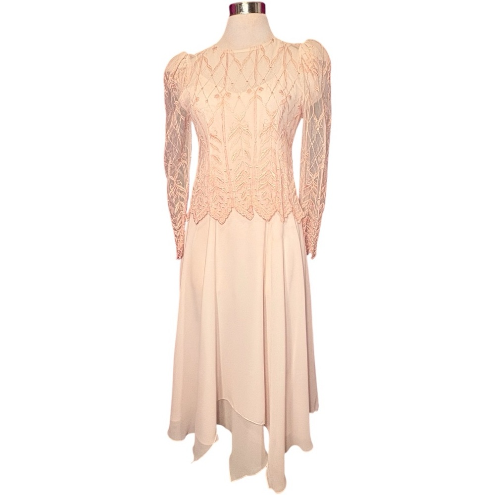 Vintage Bari Portas Cachet Pink Lace Asymmetrical Handkerchief Hem Event Dress